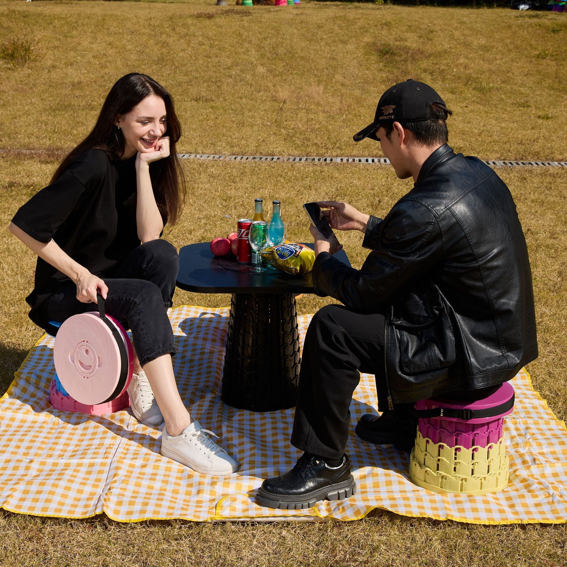 Portable Retractable Stool MAX Gen 8 Telescopic Camping Seat 50cm Tall Extra Wide Heavy Duty Mustard Purple & Mango Yellow for Camping & Festivals