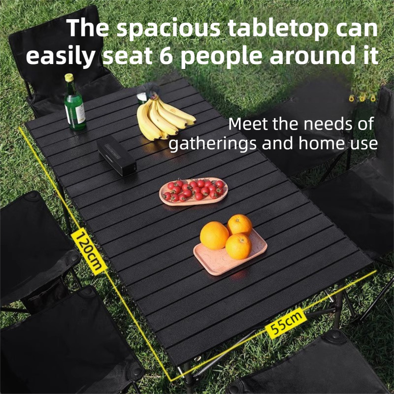 95CM Black Portable Folding Egg Roll Camping Table with Storage Bag & Mesh Net- Heavy-Duty Carbon Steel Picnic Table for 4-6 People
