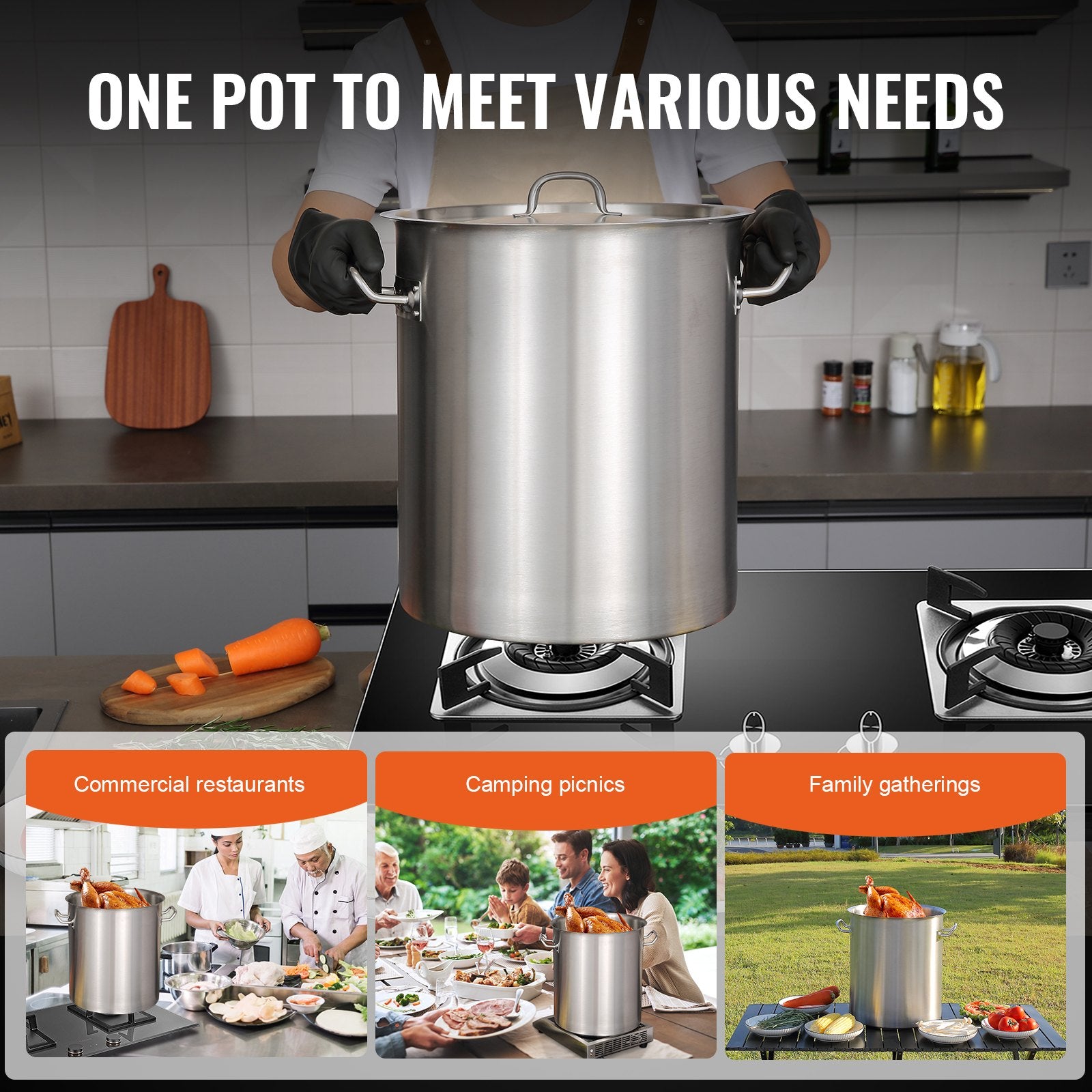 Stainless Steel Stockpot, 42 Quart Large Cooking Pots, Multipurpose Cookware Sauce Pot with Lid & Handle, Heavy Duty Commercial Grade Stock Pot, Sanding Treatment, for Large Groups Events Silver
