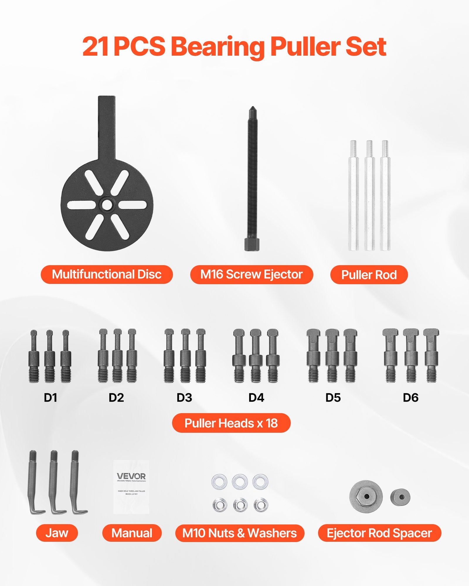 21-in-1 Bearing Puller Set, 21 PCS 3-Jaw Hook Puller for Internal External Bearings and Bearing Without Inner Shaft, Multifunctional Bearing Removal Tool with Heavy Duty Portable Storage Case